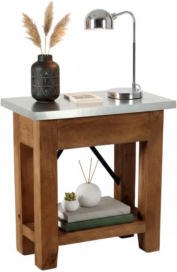 Millwork End Table with Steel Top – Rustic Industrial Narrow Side Table with ...