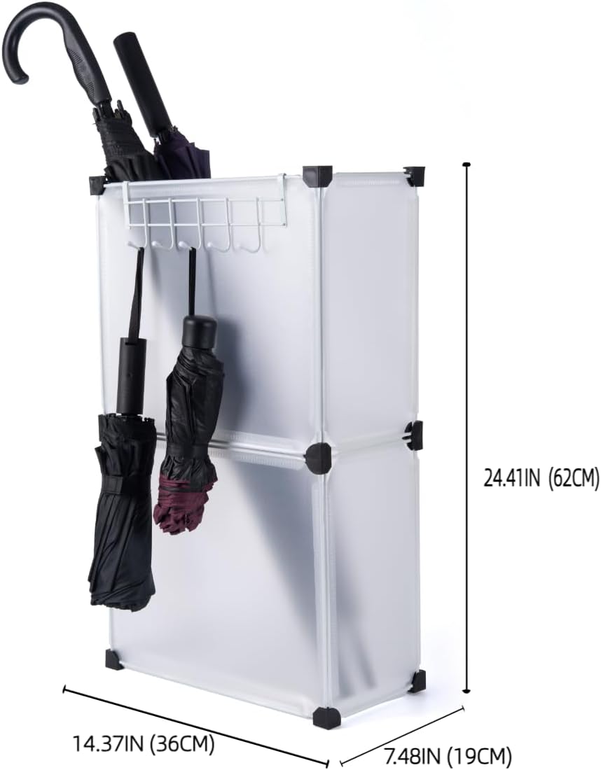 Umbrella Stand, Umbrella Holder for Entryway, 14.3 * 7.4 * 24.4inches,Square umbrella storage rack with built-in drip tray and metal hook,White.