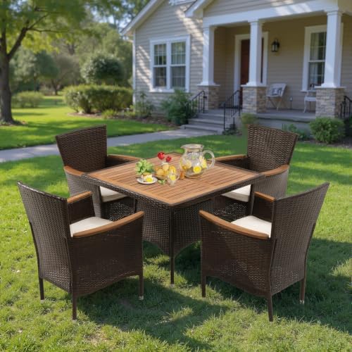 Wisteria Lane Rattan Patio Table and Chairs Set with Acacia Tabletop, Brown