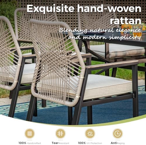 MIXPATIO 7pc Patio Dining Set, 54" Round Metal Table, 6 Rattan Chairs