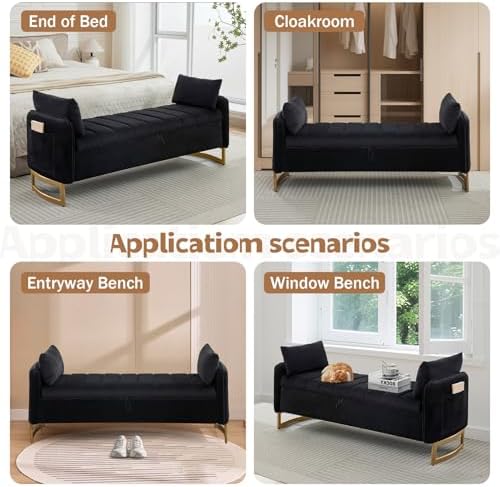 66" End of Bed Storage Bench King Size, Storage Benches for Bedroom, Bla...
