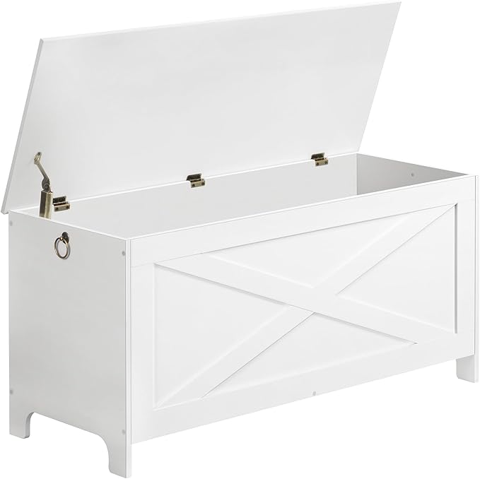 39.4" Toy Chest, Sturdy Entryway Storage Chest with Safety Hinges, Retro Toy Box, Wooden Look Accent Furniture for Living Room, Bedroom, White SCWT48101Z1