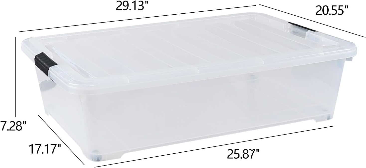 50 L Large Plastic Under Bed Storage Containers, Clear Plastic Underbed Storage Bins with Wheels, 3-Pack