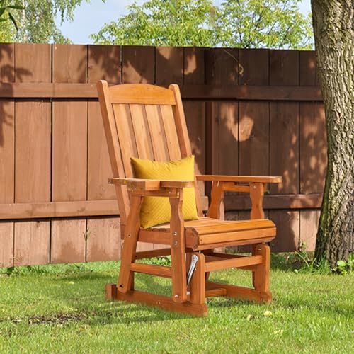 VINGLI Outdoor Glider Chair Wood Patio Glider with Cup Holder, Porch Glider w...