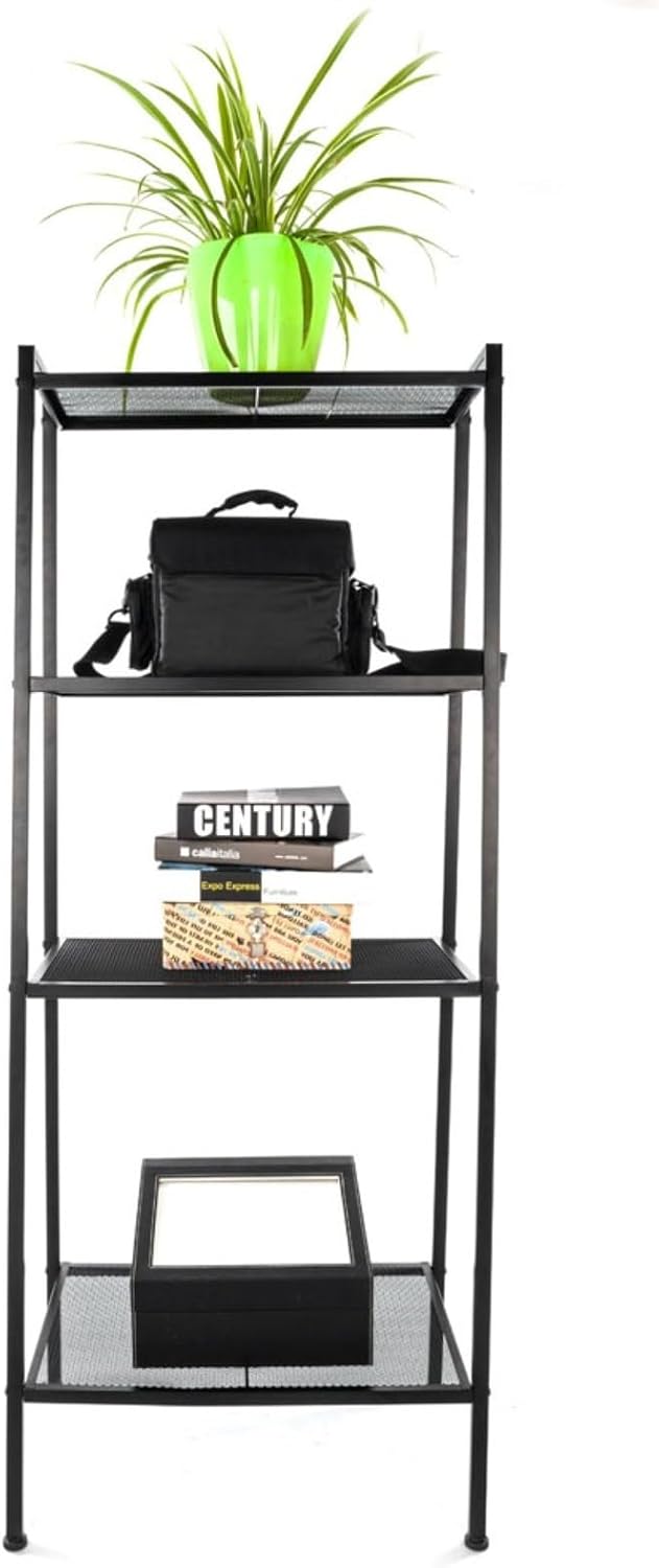 4-Tier Wide Ladder Bookshelf, Black Iron Storage Shelf with Mesh Shelves, Stable Open Display Rack for Living Room, Bedroom, Study and Home Organization
