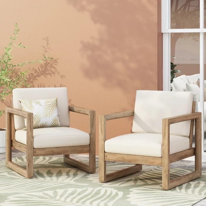 Acacia Wood Patio Club Chair Set of 2 with Water-Resistant Cushions, Outdoor Deep Seating Furniture for Garden, Porch, Backyard, Brown Wash with Beige Cushion