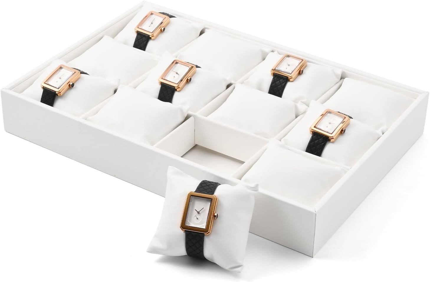 12-Grid PU Leather Watch Display Tray with Pillow Inserts White | 12 Watch Slots, Soft Pillow Inserts, For Watch Storage & Display, Durable & Sturdy, For Home & Retail