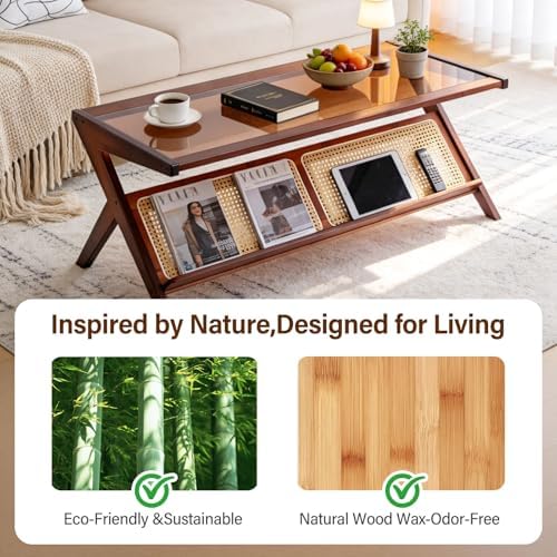 Tiita Brown Rattan Coffee Table, Bamboo Glass Top Table with Storage