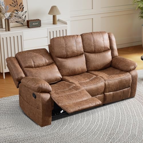 EBELLO Faux Leather Manual Reclining Sofa, Mid-Century Modern Overstuffed Arm...