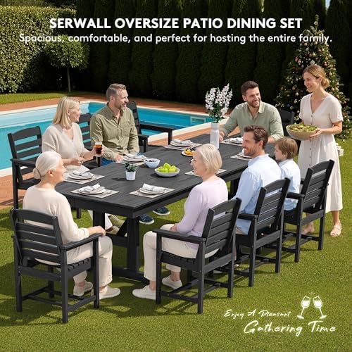 SERWALL 9Pcs 84" HDPE Outdoor Dining Set for 8 with Armchairs,Black