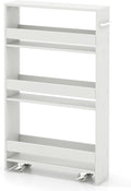 MAT EXPERT Slim Rolling Storage Cart, 4-Tier Freestanding Slim Storage Cart with Wheels 360 Degree & Metal Handle, Wooden Utility Cart for Narrow Kitchen, Laundry Room, Bathroom (Plain White)