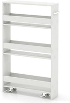 MAT EXPERT Slim Rolling Storage Cart, 4-Tier Freestanding Slim Storage Cart with Wheels 360 Degree & Metal Handle, Wooden Utility Cart for Narrow Kitchen, Laundry Room, Bathroom (Plain White)