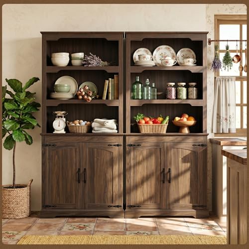 70”Walnut Bookcase Bookshelf, 5-Tier Farmhouse Bookcases with Doors