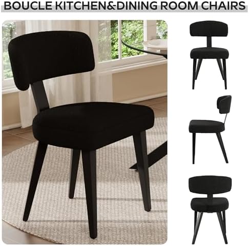 Boucle Chairs Set of 6, Modern Black Upholstered Dining Chairs with Black Met...