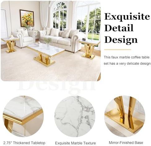 Living Room Coffee Table Set of 3, Modern Marble Coffee Table and 2 End Side ...