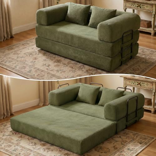 59" Convertible Floor Sofa Bed, Boneless Couches for Living Room, Green | Corduroy Loveseat Sleeper Floor Sofa, Modular Sectional Sofa, Futon Boneless Couch, Pull Out Couch, No Assembly Required