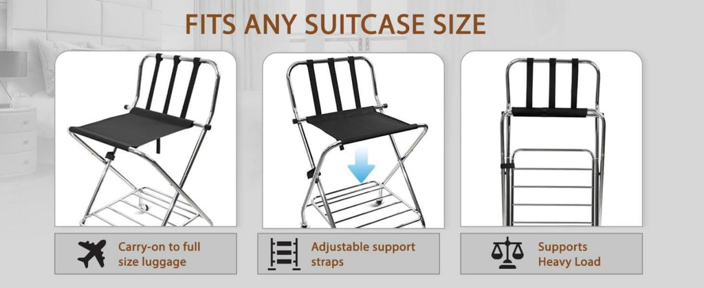 Foldable Luggage Rack with Wheels for Guest Room - Metal Frame Folding Suitcase Stand With 2 Shelves - Portable Luggage Storage Rack - Easy Assembly Suitcase Holder for Hotel, Travel and Bedroom