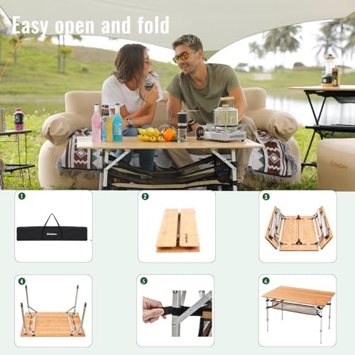 KingCamp Adjustable Height Bamboo Folding Camping Table with Storage
