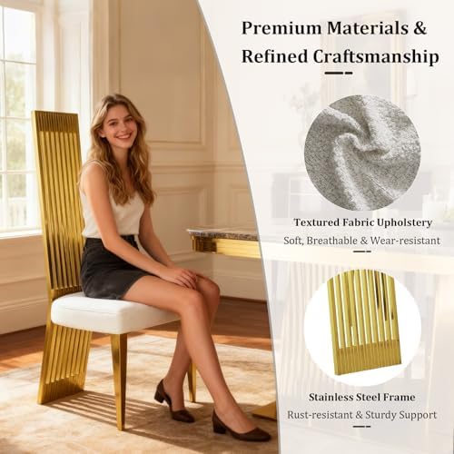 Dining Chairs Set of 6, Luxury Upholstered Boucle Chairs with Slatted Mirrore...