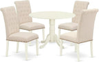 East West Furniture DLBR5-WHI-02 5 Piece Dining Table Set for 4 Includes a Round Kitchen Table with Dropleaf and 4 Light Beige Linen Fabric Upholstered Chairs, 42x42 Inch, Linen White