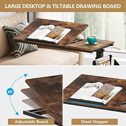 Tribesigns Height Adjustable C Shaped End Table with Wheels and Side Pocket, ...