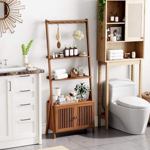Bookcase with Drawers, Ladder Shelf 4-Tier Bamboo Bookshelf with 6 Hooks