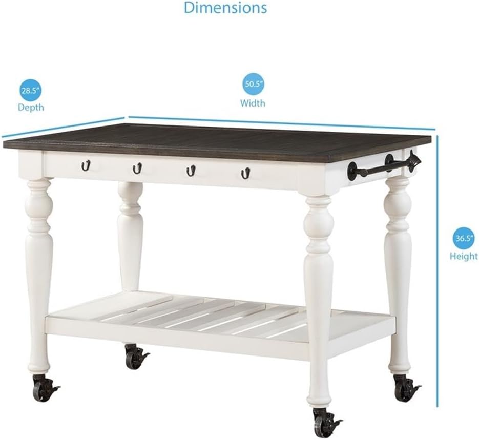 Pemberly Row Farmhouse Kitchen Cart, Two-Tone Ivory and Dark Oak Finish, MDF/...
