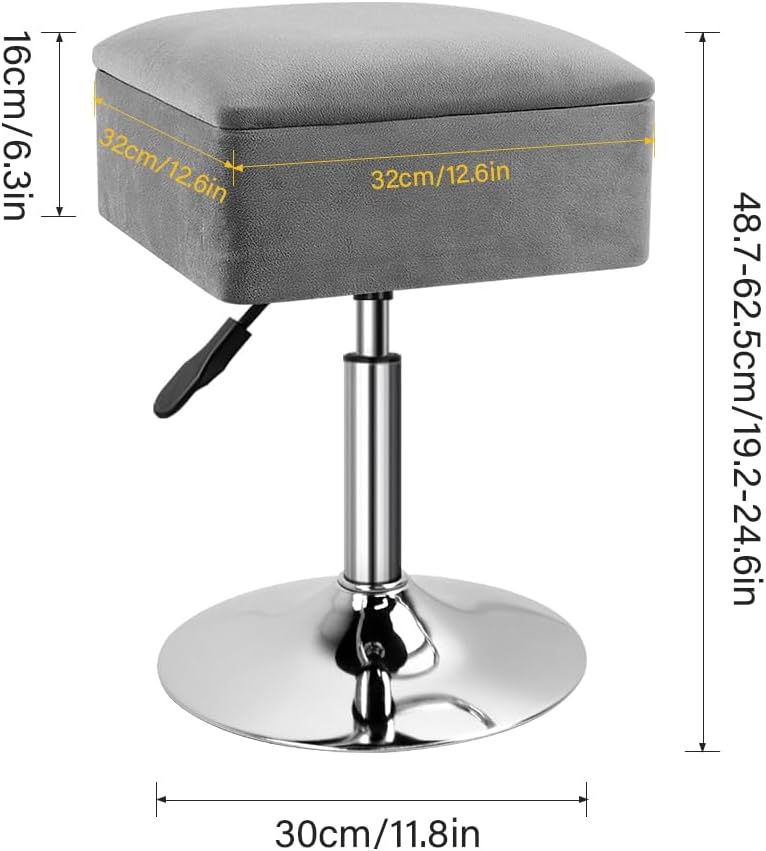 WKWKER Adjustable Vanity Stool with Storage Velvet 360° Swivel Makeup Stool S...