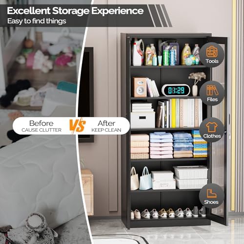 VINGLI Lockable Display Cabinet with Glass Doors & 5 Adjustable Shelves, ...