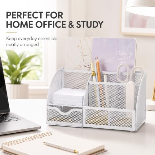 Exerz Desk Organizer 7 Compartments Metal Mesh Pen Holder Caddy White | Compact White Desktop Storage for Notes Clips Scissors Rulers Craft Tools Makeup Study and Home Use