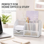 Exerz Desk Organizer 7 Compartments Metal Mesh Pen Holder Caddy White | Compact White Desktop Storage for Notes Clips Scissors Rulers Craft Tools Makeup Study and Home Use