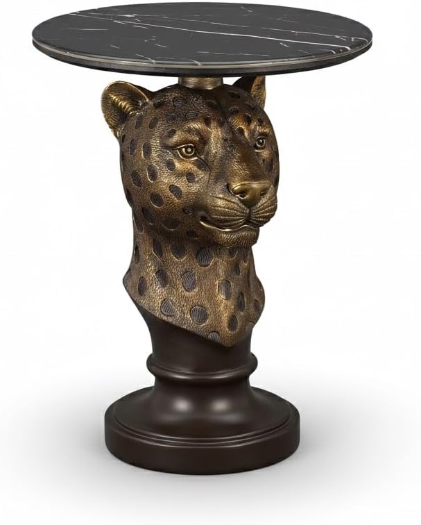 Creative Leopard Head Side Table with Faux Marble Top - Resin Animal Statue E...