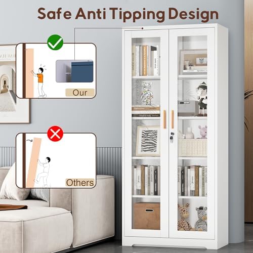 UNICOLY Lockable Display Cabinet with Glass Doors and 4 Adjustable Shelves