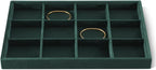 Velvet Stackable Jewelry Display Tray, 12 Grid Watch Bangle Bracelet Storage Tray, Makeup Drawer Insert Jewelry Shop Organizer Plate (Green)