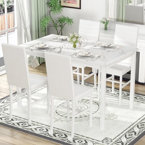 Hooseng Dining Table Set for 4, 5-Piece Faux Marble Dinner Table Set with 4 U...