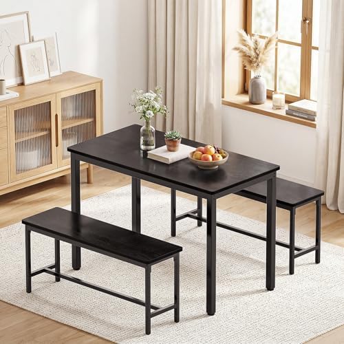 Dining Table Set for 4, Kitchen Table with 2 Benchs, Black