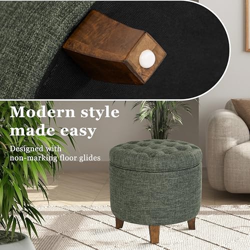HomePop 19" Button Tufted Round Storage Ottoman - Green Clover Fabric