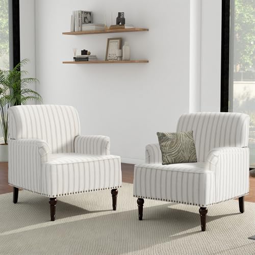 Stripe Accent Chairs Set of 2, Fabric Upholstered Armchair for Living Room, Nailhead Trim Club Arm Chair Comfy Single Sofa Bedroom Reading Seat with Wood Legs - Pinstripe Light Brown