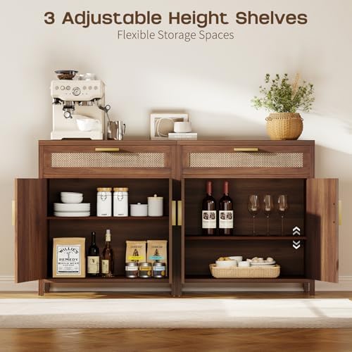 Rattan Buffet Cabinet with Storage, Sideboard Cabinet with Doors and Shelves,...