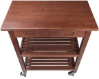 BOWERY HILL Solid Wood Kitchen Cart, Walnut Finish, Drop Leaf Extension, 2 Slatted Shelves, Locking Casters, 28.27" W x 16.66" D x 33.07" H, Rustic Transitional Indoor Storage for Kitchen