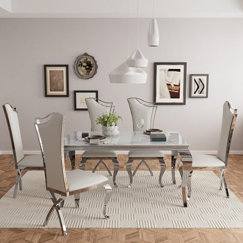 Asday Dining Chairs Set of 6, White Faux Leather and Silver Streamlined High ...