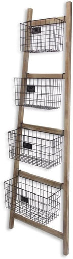 HomeRoots 73" Natural And Black Wood And Metal Storage Ladder With Baskets
