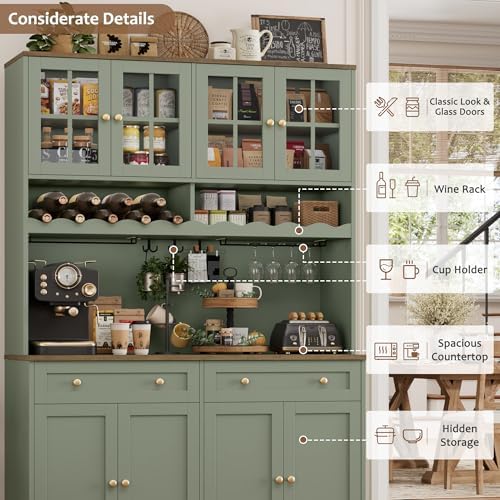 HOSTACK 75" Kitchen Pantry Storage Cabinet, Coffee Bar Hutch Cabinet, Green