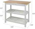 Furnifact Solid Wood Kitchen Island with Drawer, 2 Open Shelves, White Base and Natural Top, Island Table for Kitchen Storage and Food Prep