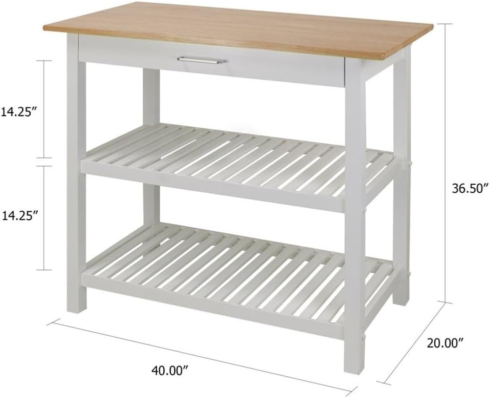 Furnifact Solid Wood Kitchen Island with Drawer, 2 Open Shelves, White Base and Natural Top, Island Table for Kitchen Storage and Food Prep