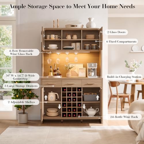 77" Tall Pantry Cabinet & Coffee Bar Cabinet with Storage,Gray Oak