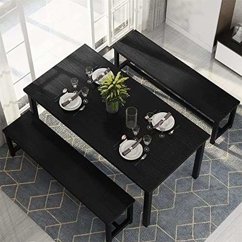 Dining Room Table Set with 2 Benches, Farmhouse Dining Table Set for 4-6, Woo...