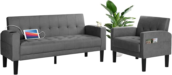 AILEEKISS 2 Piece Living Room Sofa Set 56" W Loveseat Sofas with 2 USB and Removable Armrests, Modern Fabric, 2 Pcs Sectional Couches Set for Apartment, Small Space, Dark Grey