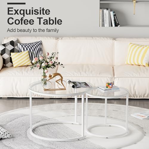 aboxoo White Nesting Glass Table Set of 2, Small Glass Round Nesting Tables f...