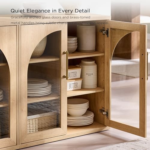 ACCOHOHO Glass Arched Door Sideboard Buffet Cabinet Set of 2, Natural Oak